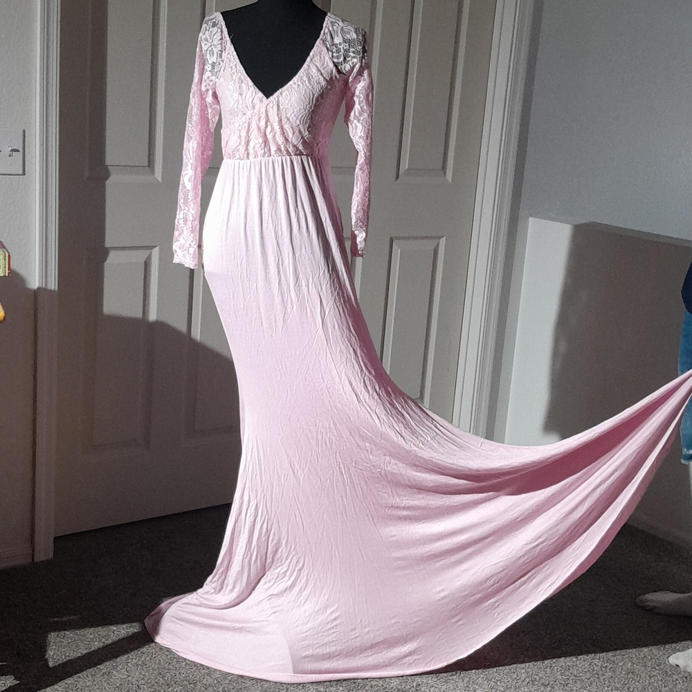 Rare Extra Long Elegant Pink Lace Maxi Vintage Dress/Gown